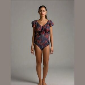 Denim & Co.Beach V-Neck Ruffle Sleeve
One-Piece Swimsuit. Size 6 New Red Blue